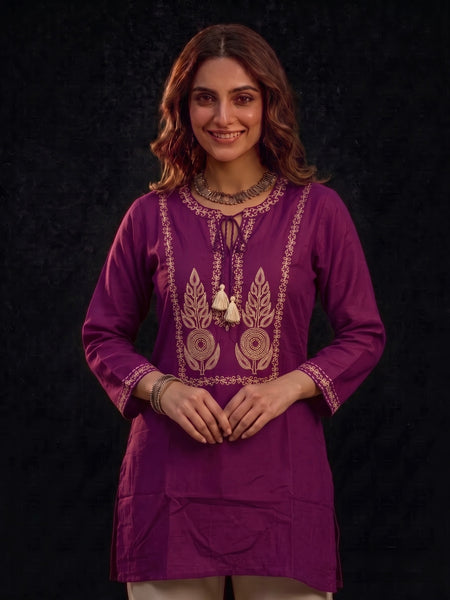 Magenta Kurta with Gold Embroidery and Tassel Tie