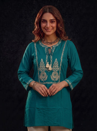 Teal Kurta with Gold Embroidery and Tassel Tie