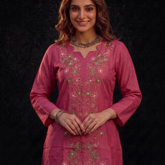 Rose Pink Tunic with Gold and White Floral Embroidery