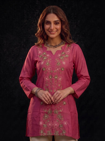 Rose Pink Tunic with Gold and White Floral Embroidery