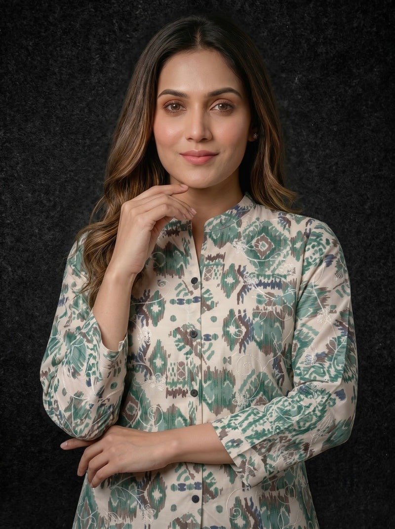 Ikat Print Button-Down Tunic with Embroidery