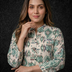 Ikat Print Button-Down Tunic with Embroidery
