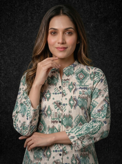 Ikat Print Button-Down Tunic with Embroidery