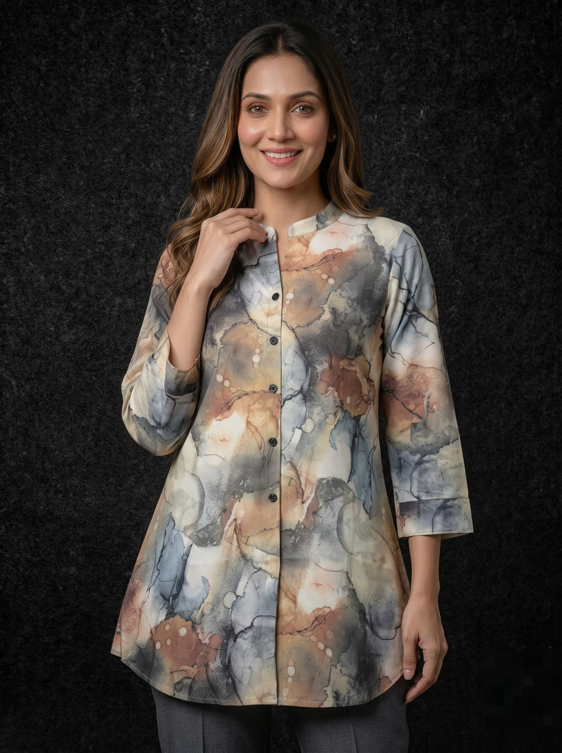 Marble Print Button-Down Tunic