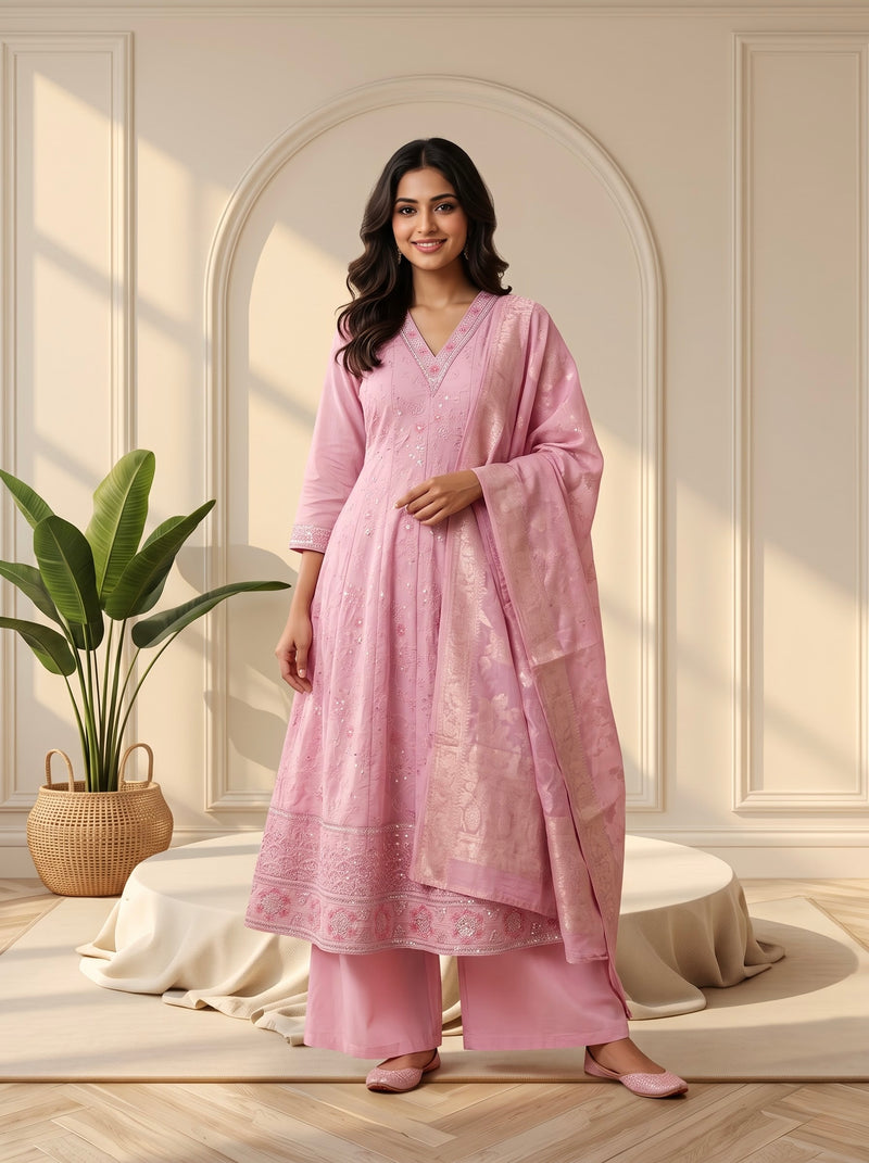 Pink Embroidered Anarkali Suit with Zari Woven Dupatta