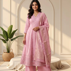 Pink Embroidered Anarkali Suit with Zari Woven Dupatta