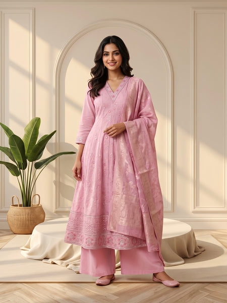 Pink Embroidered Anarkali Suit with Zari Woven Dupatta
