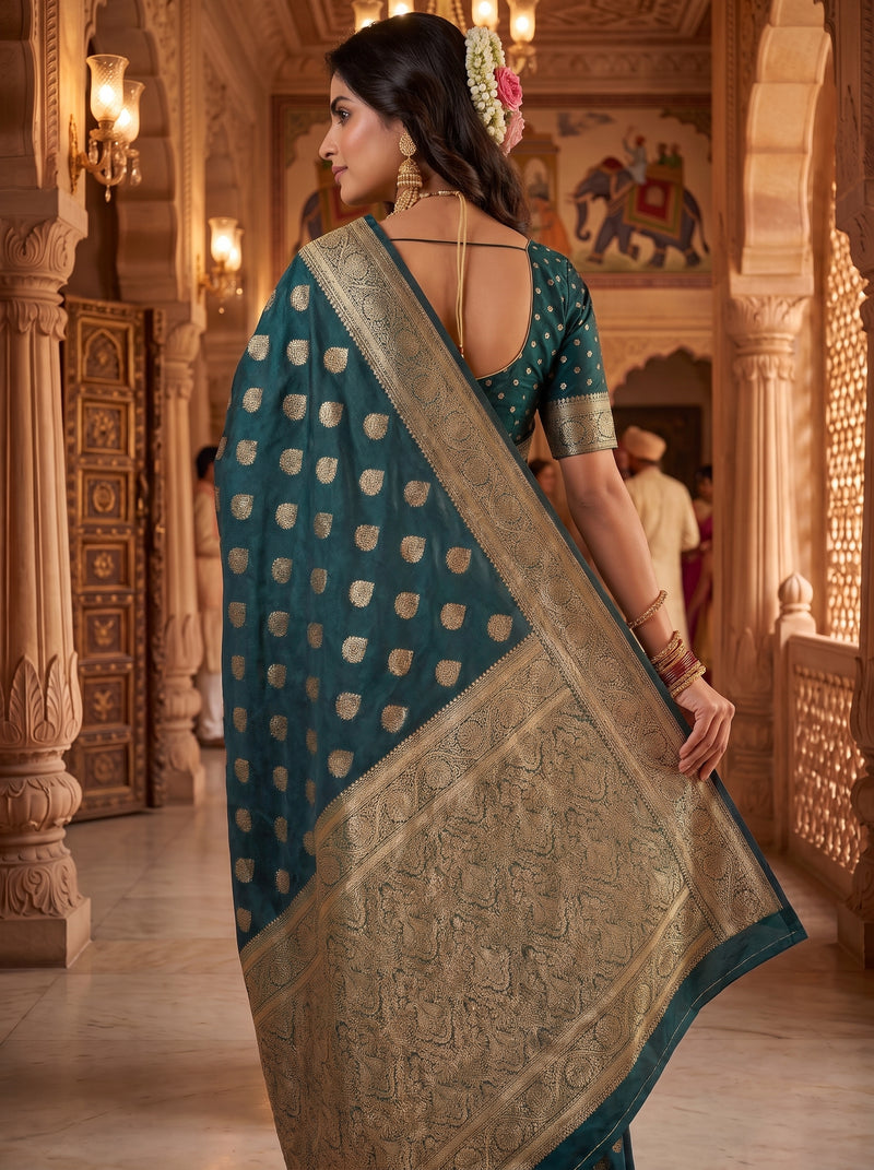 Teal Green Banarasi Silk Saree with Golden Zari Butti Work, Rich Woven Border & Traditional Designer Pallu for Women