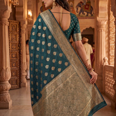 Teal Green Banarasi Silk Saree with Golden Zari Butti Work, Rich Woven Border & Traditional Designer Pallu for Women