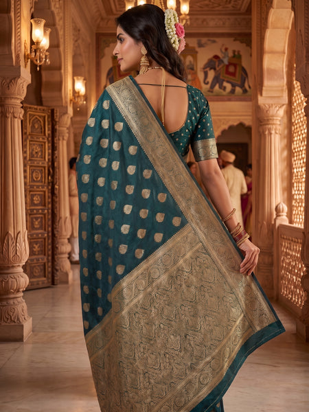 Teal Green Banarasi Silk Saree with Golden Zari Butti Work, Rich Woven Border & Traditional Designer Pallu for Women