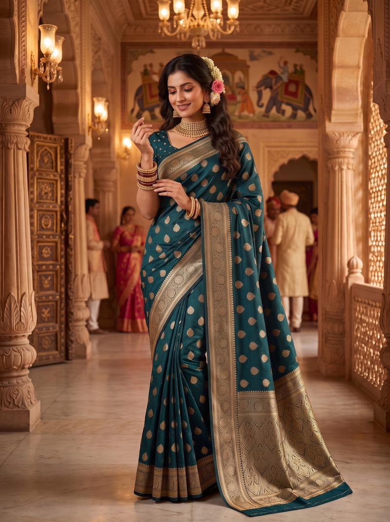 Teal Green Banarasi Silk Saree with Golden Zari Butti Work, Rich Woven Border & Traditional Designer Pallu for Women