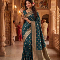 Teal Green Banarasi Silk Saree with Golden Zari Butti Work, Rich Woven Border & Traditional Designer Pallu for Women
