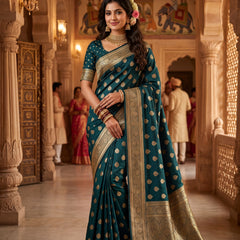 Teal Green Banarasi Silk Saree with Golden Zari Butti Work, Rich Woven Border & Traditional Designer Pallu for Women