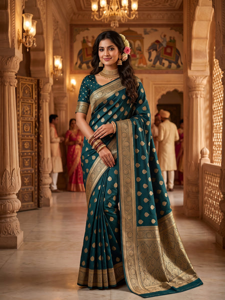 Teal Green Banarasi Silk Saree with Golden Zari Butti Work, Rich Woven Border & Traditional Designer Pallu for Women