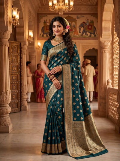 Teal Green Banarasi Silk Saree with Golden Zari Butti Work, Rich Woven Border & Traditional Designer Pallu for Women