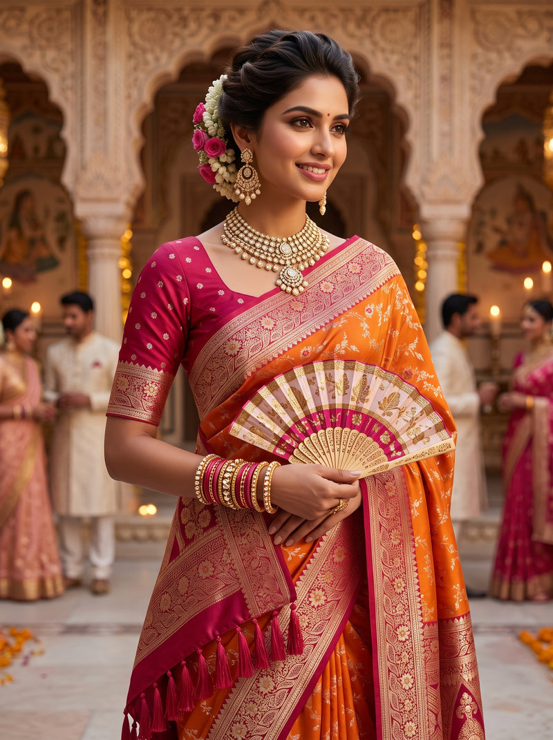 Radiant Orange Banarasi Silk Saree with Rich Magenta Contrast Border and Blouse