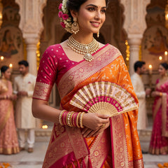 Radiant Orange Banarasi Silk Saree with Rich Magenta Contrast Border and Blouse