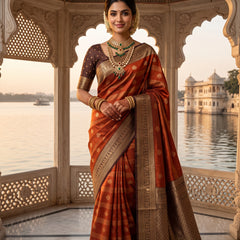 Rust Orange Art Silk Banarasi Saree with Deep Brown Contrast Border & Blouse Piece