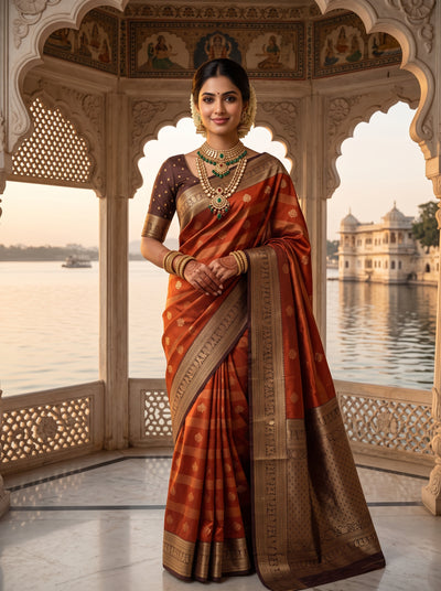 Rust Orange Art Silk Banarasi Saree with Deep Brown Contrast Border & Blouse Piece