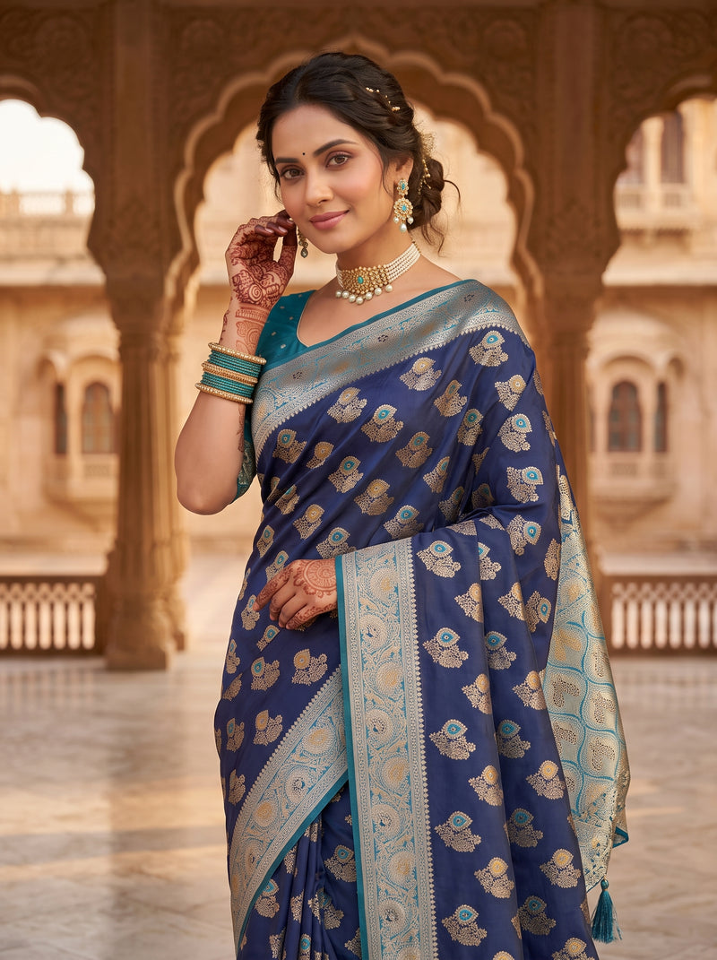 Royal Navy Blue Art Silk Banarasi Saree with Teal Blue Contrast Border & Blouse Piece