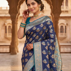 Royal Navy Blue Art Silk Banarasi Saree with Teal Blue Contrast Border & Blouse Piece