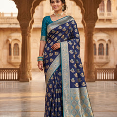 Royal Navy Blue Art Silk Banarasi Saree with Teal Blue Contrast Border & Blouse Piece