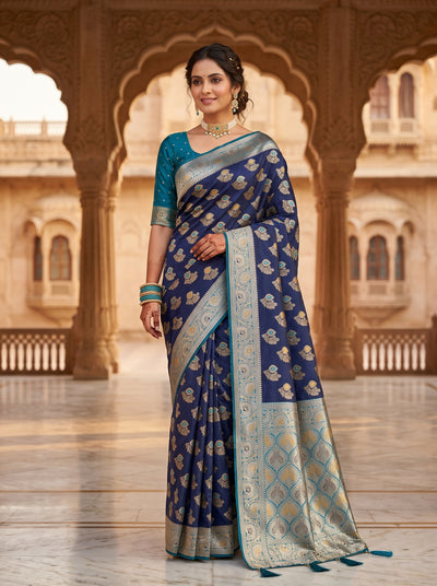 Navy Blue Art Silk Banarasi Saree with Teal Blue Contrast Border & Blouse Piece
