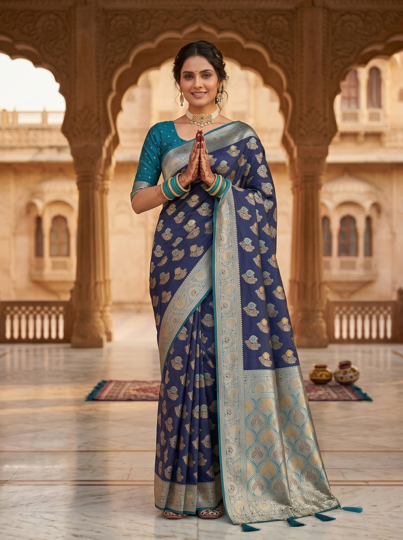 Royal Navy Blue Art Silk Banarasi Saree with Teal Blue Contrast Border & Blouse Piece