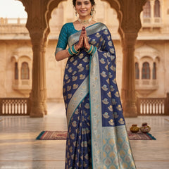 Royal Navy Blue Art Silk Banarasi Saree with Teal Blue Contrast Border & Blouse Piece