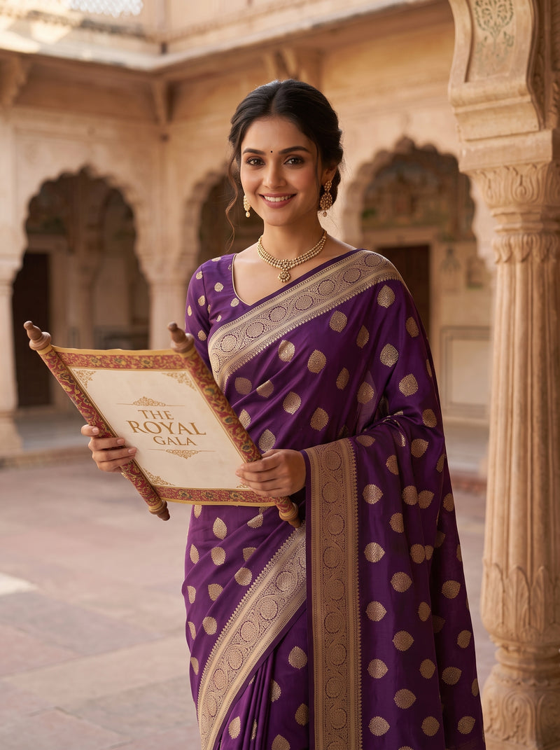 Royal Purple Banarasi Silk Saree with Golden Zari Butti Work, Rich Woven Border & Traditional Designer Pallu for Women