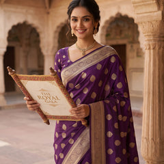 Royal Purple Banarasi Silk Saree with Golden Zari Butti Work, Rich Woven Border & Traditional Designer Pallu for Women