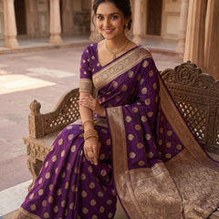 Royal Purple Banarasi Silk Saree with Golden Zari Butti Work, Rich Woven Border & Traditional Designer Pallu for Women