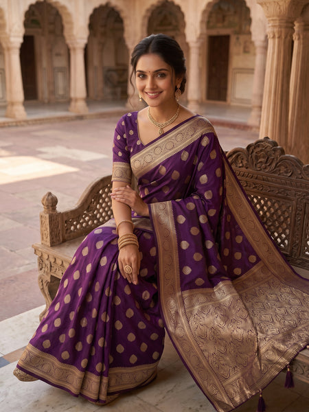 Royal Purple Banarasi Silk Saree with Golden Zari Butti Work, Rich Woven Border & Traditional Designer Pallu for Women