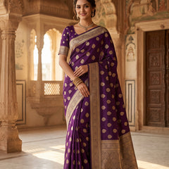 Royal Purple Banarasi Silk Saree with Golden Zari Butti Work, Rich Woven Border & Traditional Designer Pallu for Women