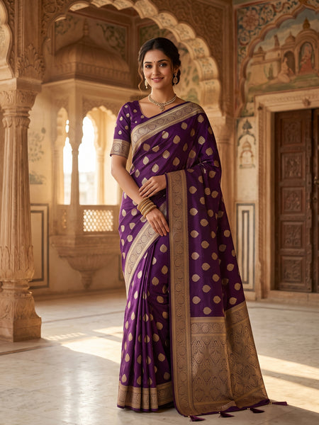 Royal Purple Banarasi Silk Saree with Golden Zari Butti Work, Rich Woven Border & Traditional Designer Pallu for Women