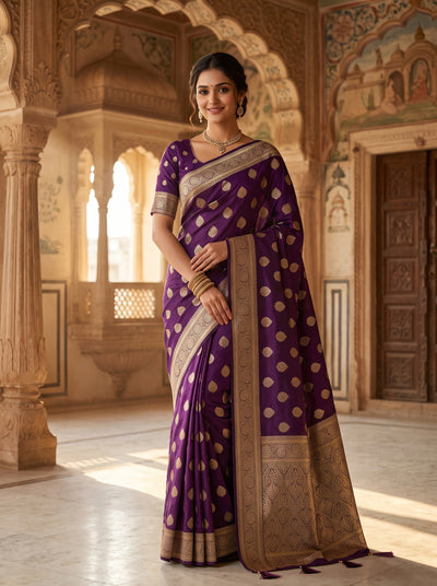 Royal Wine Banarasi Silk Saree with Golden Zari Butti Work, Rich Woven Border & Traditional Designer Pallu for Women