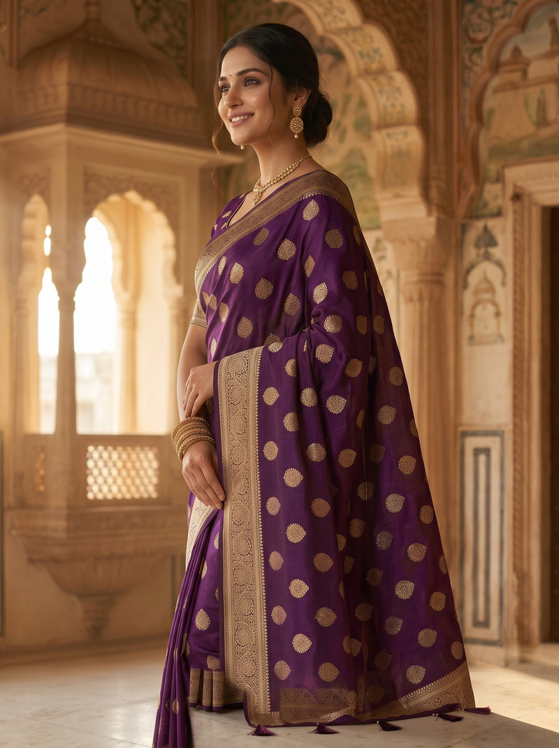 Royal Purple Banarasi Silk Saree with Golden Zari Butti Work, Rich Woven Border & Traditional Designer Pallu for Women