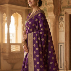 Royal Purple Banarasi Silk Saree with Golden Zari Butti Work, Rich Woven Border & Traditional Designer Pallu for Women