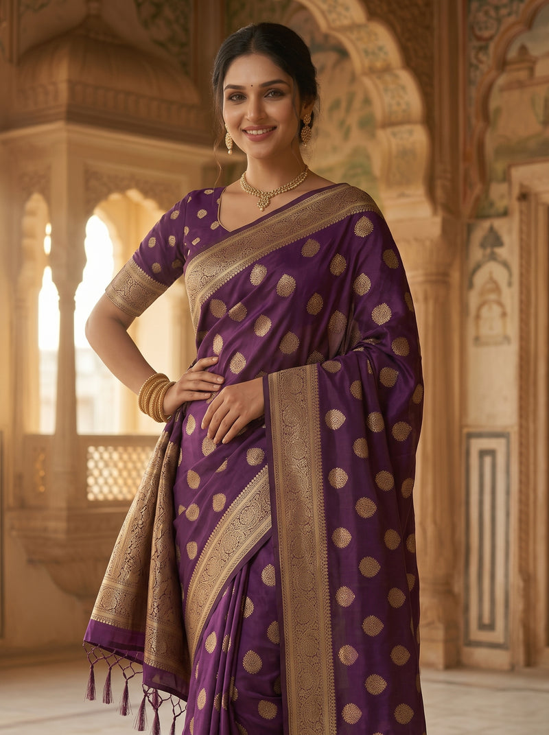 Royal Purple Banarasi Silk Saree with Golden Zari Butti Work, Rich Woven Border & Traditional Designer Pallu for Women