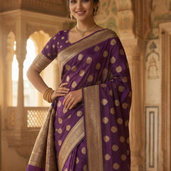 Royal Purple Banarasi Silk Saree with Golden Zari Butti Work, Rich Woven Border & Traditional Designer Pallu for Women