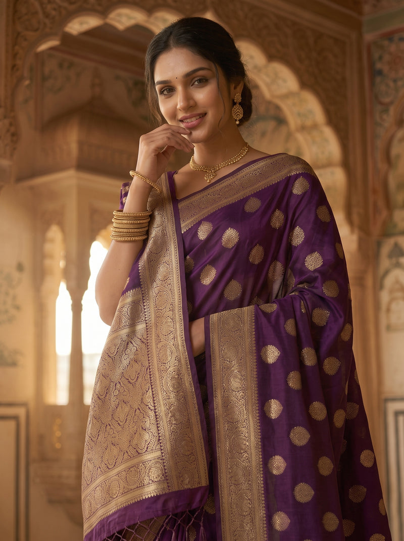 Royal Purple Banarasi Silk Saree with Golden Zari Butti Work, Rich Woven Border & Traditional Designer Pallu for Women
