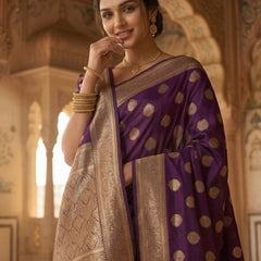 Royal Purple Banarasi Silk Saree with Golden Zari Butti Work, Rich Woven Border & Traditional Designer Pallu for Women