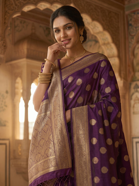 Royal Purple Banarasi Silk Saree with Golden Zari Butti Work, Rich Woven Border & Traditional Designer Pallu for Women