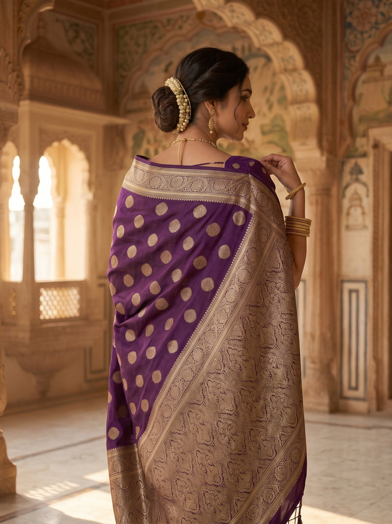 Royal Purple Banarasi Silk Saree with Golden Zari Butti Work, Rich Woven Border & Traditional Designer Pallu for Women