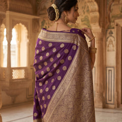 Royal Purple Banarasi Silk Saree with Golden Zari Butti Work, Rich Woven Border & Traditional Designer Pallu for Women