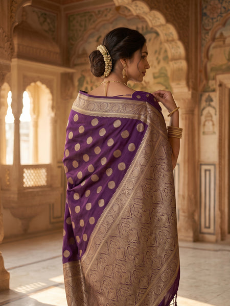 Royal Purple Banarasi Silk Saree with Golden Zari Butti Work, Rich Woven Border & Traditional Designer Pallu for Women