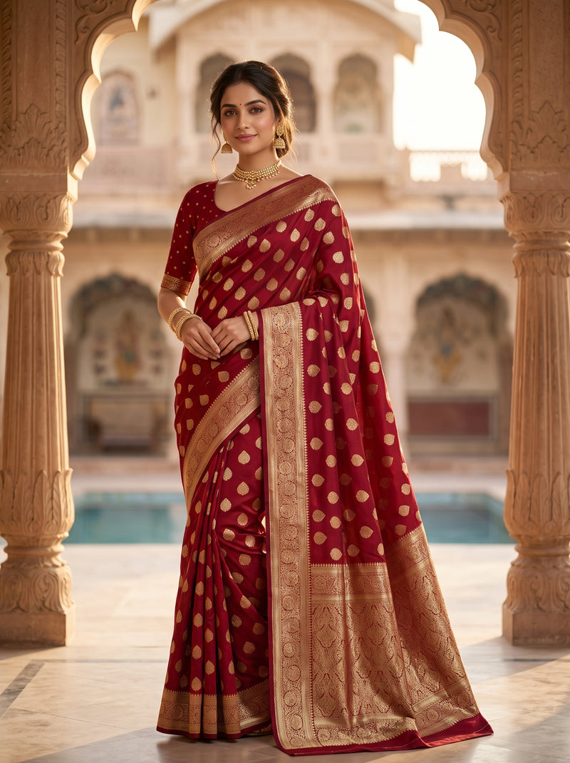 Maroon Red Banarasi Silk Saree with Golden Zari Butti Work, Rich Woven Border & Traditional Designer Pallu for Women