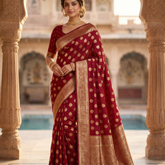 Maroon Red Banarasi Silk Saree with Golden Zari Butti Work, Rich Woven Border & Traditional Designer Pallu for Women