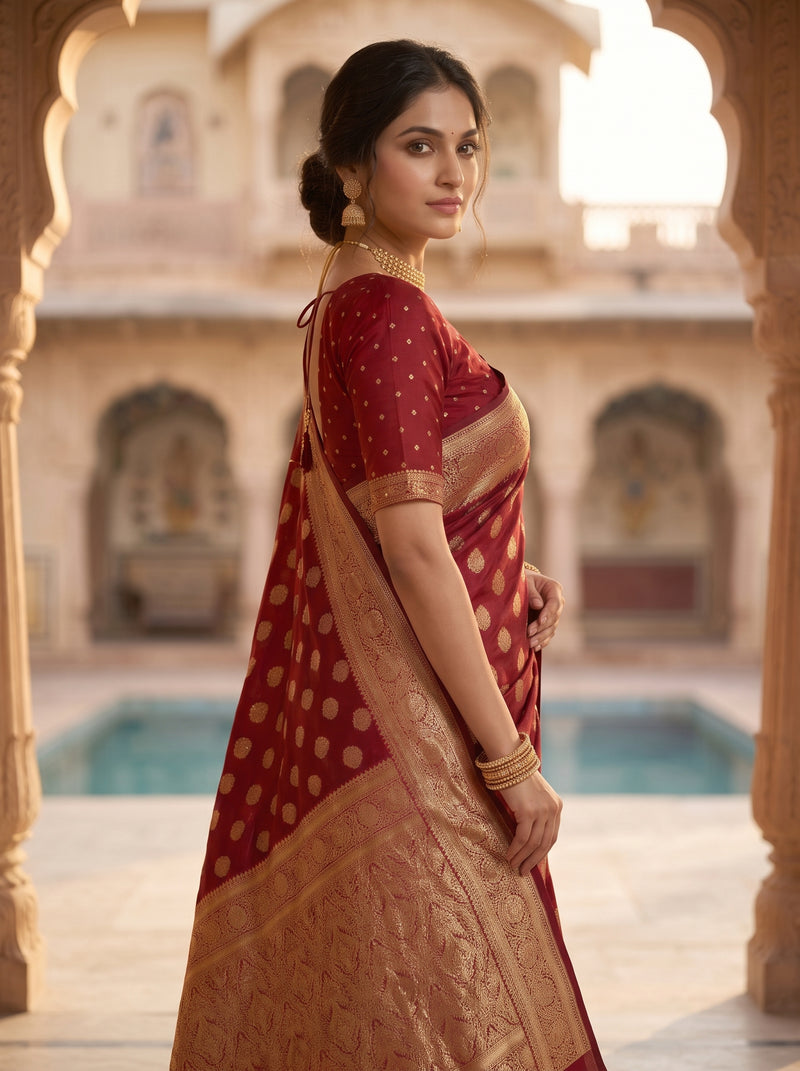 Maroon Red Banarasi Silk Saree with Golden Zari Butti Work, Rich Woven Border & Traditional Designer Pallu for Women