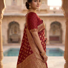 Maroon Red Banarasi Silk Saree with Golden Zari Butti Work, Rich Woven Border & Traditional Designer Pallu for Women